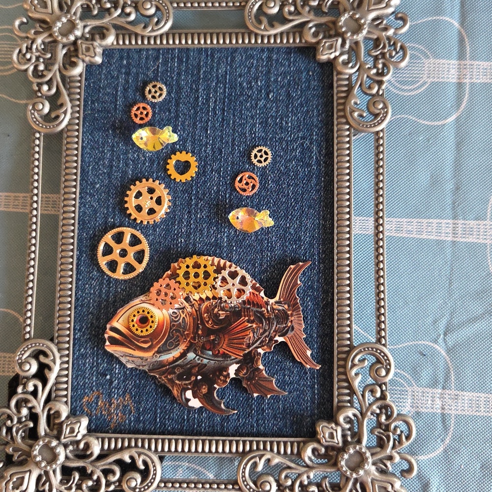 Hand Crafted Fish Steampunk Multi Media Art in Vintage Frame
